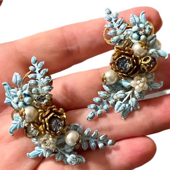 Blue Flower Earrings / Rare Mid Century Jewelry - image 2