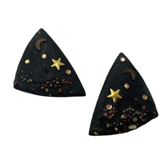 Black Vintage Earrings / Moon & Stars - image 2