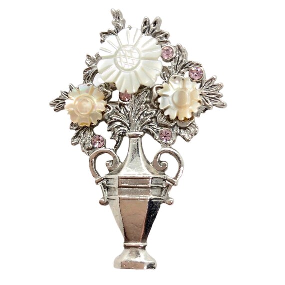 Flower Vase Brooch - Vintage Mother of Pearl Pin - image 2