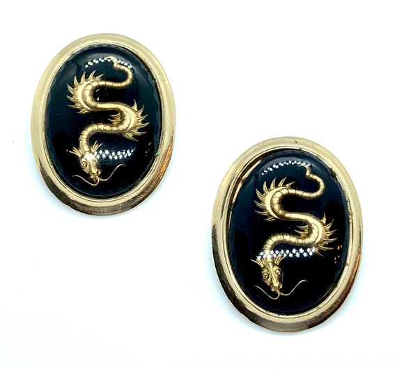 Unique Vintage Dragon Earrings - Black / Gold Int… - image 1