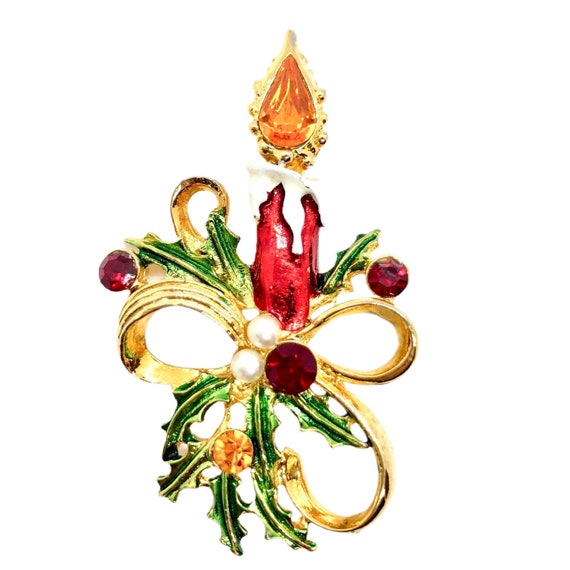 Vibrant Candle Pin - Vintage Christmas - Rhinesto… - image 2