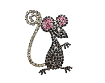 Black Mouse Brooch - Crystal Rodent Pin - Von Walhof - Whimsical Swag