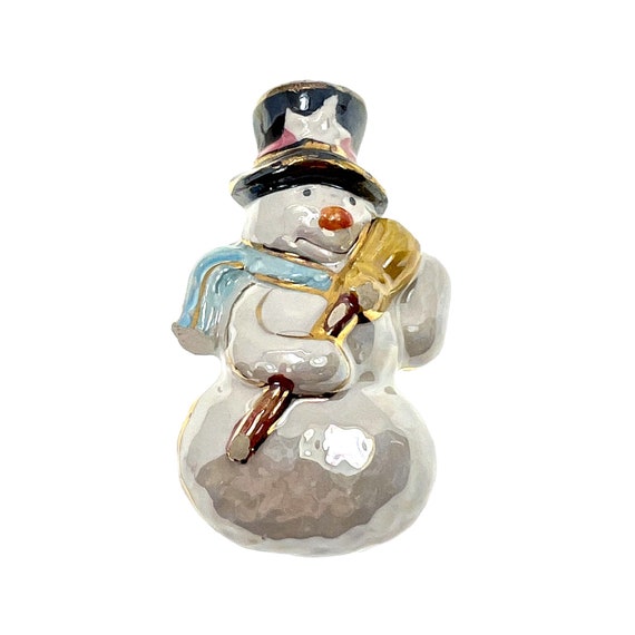 Ceramic Snowman Pin / Vintage Christmas Jewelry - image 3