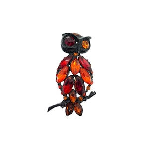 Vintage Owl Brooch / Red & Orange Rhinestones / 1960s