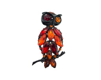 Vintage Owl Brooch / Red & Orange Rhinestones / 1960s
