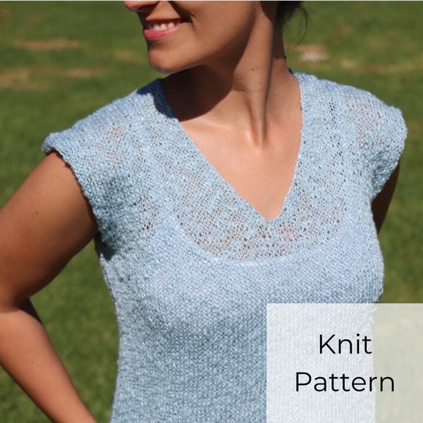 EASY Knit Pattern • Easy Knit Top • Spring/Summer Wearable • Knit Sleeveless Top • Knit Blue Sky Tee PATTERN