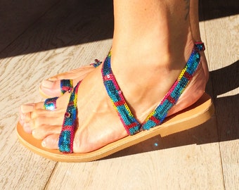Sandalias de cuero griego, zapatos de verano hechos a mano a pedido, sandalias "Diana" decoradas por el festival