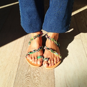 Bohemian decorated sandals, ,hippy chic style, Handmade to order embellished green flats, &quot;Faye&quot; sandals