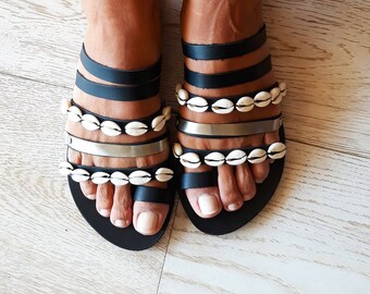 Boho Greek Black Leather sandals, Handmade to order decorated summer shoes, Artisanal embellished ethnic flats "Gaia"