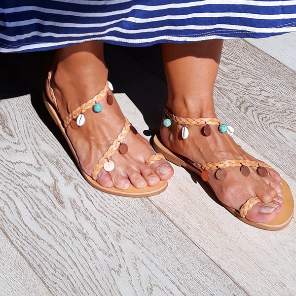 Greek Leather Sandals "Ariadne", Handmade to Order flats, Decorated Boho Sandals, Festival Shoes