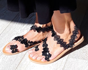 Elegantes sandalias de cuero griego "Areti", zapatos embellecidos Slingback, decorados hechos a mano a pedido planos