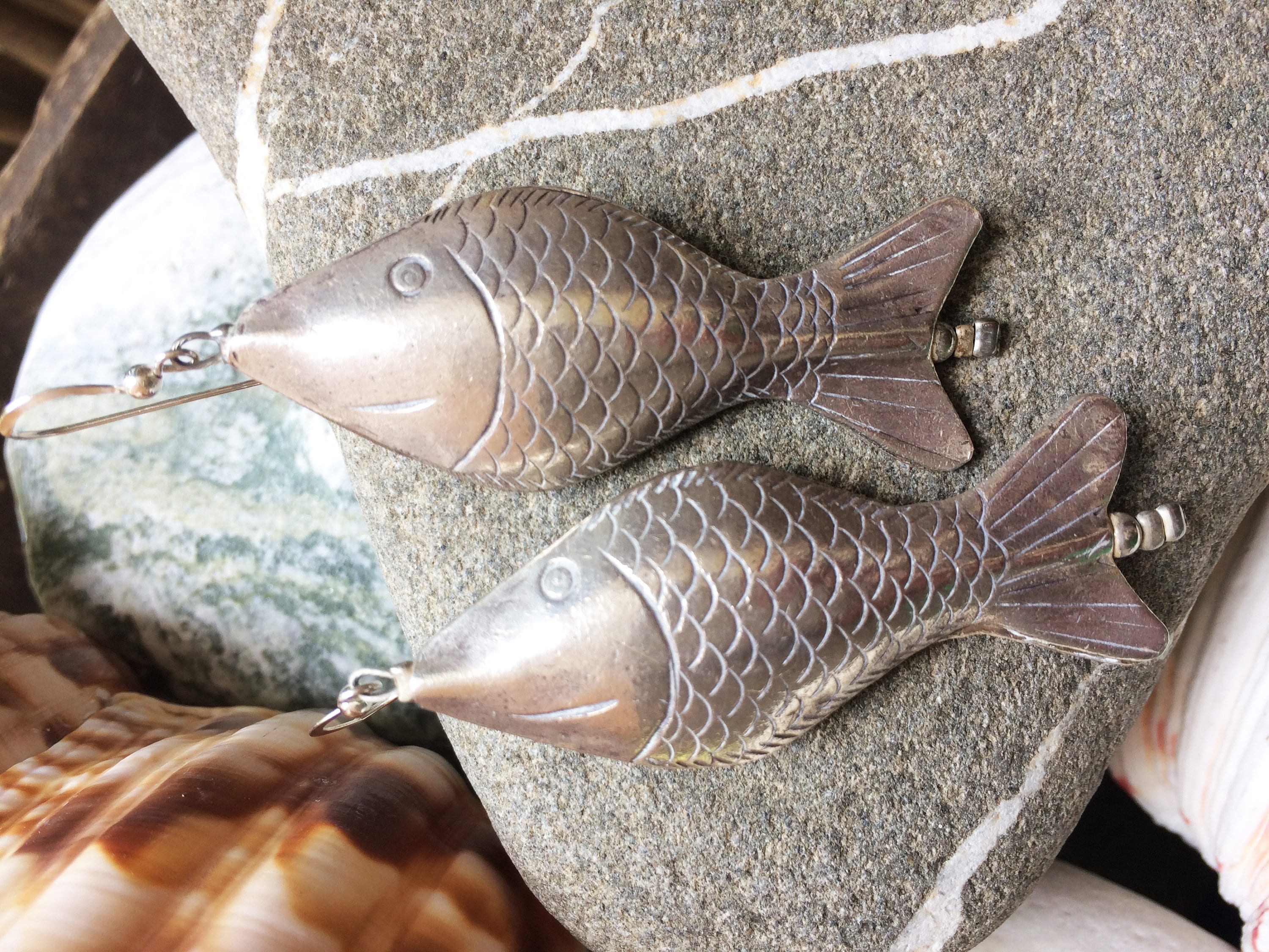 Handmade sterling silver fish earrings, Bohemian one of a kind dangle