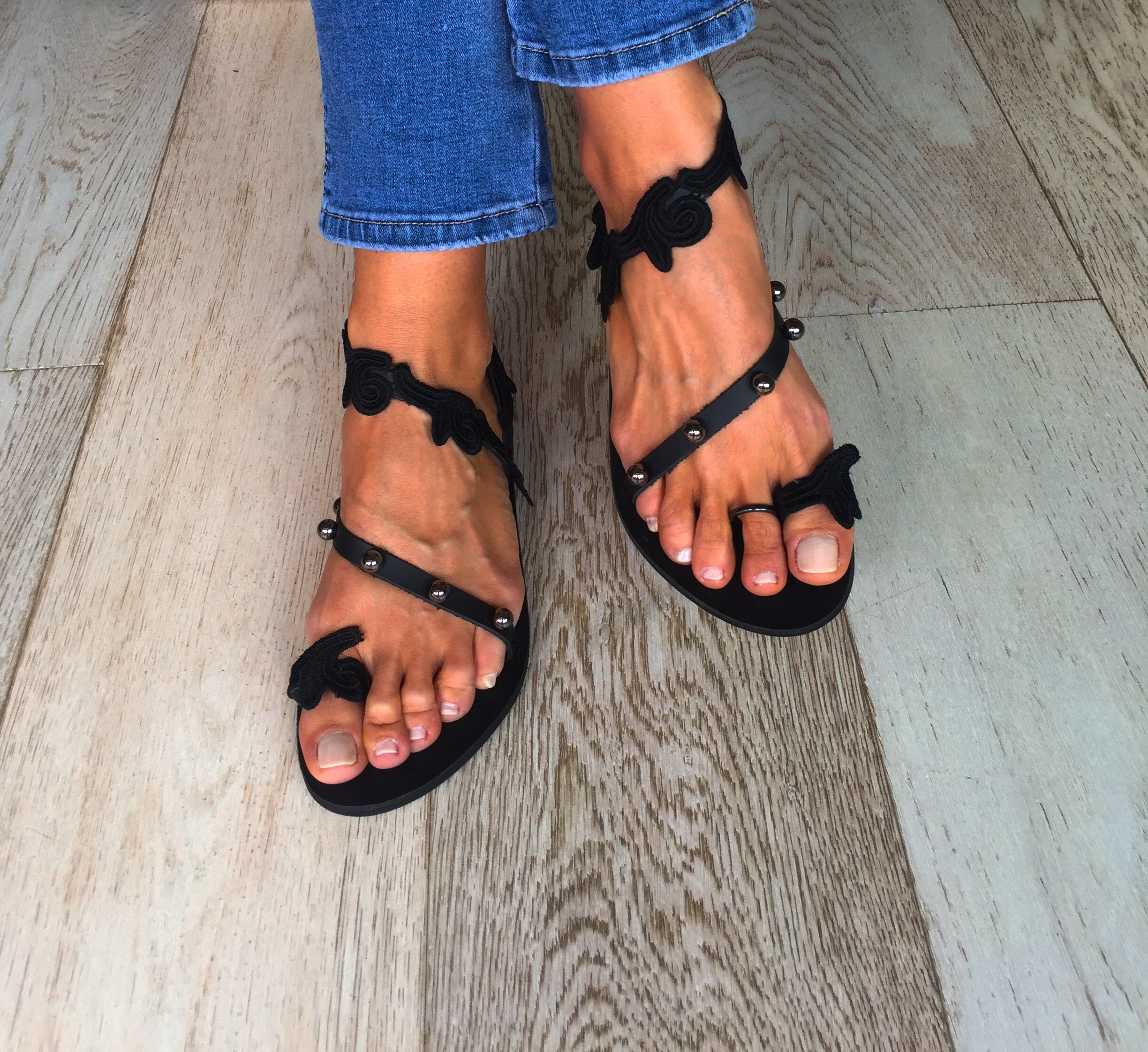 Handmade to Order Greek Leather Sandals Bohemian Flats Black - Etsy