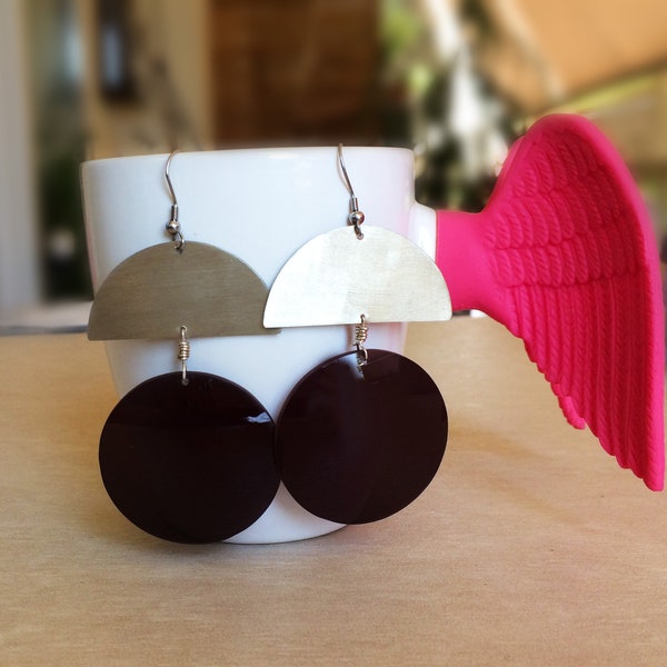 Statement Alpaca Boho Earrings with matte Alpaca semicircle and a sunglass's lens, Gift for Her, Unique Earrings with Sterling silver Hoop