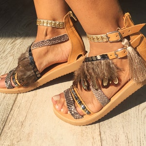 Boho Greek Leather sandals, Handmade to order decorated &quot;Natalie&quot; flats with Semiprecious stones