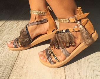 Boho Greek Leather sandals, Handmade to order decorated "Natalie" flats with Semiprecious stones