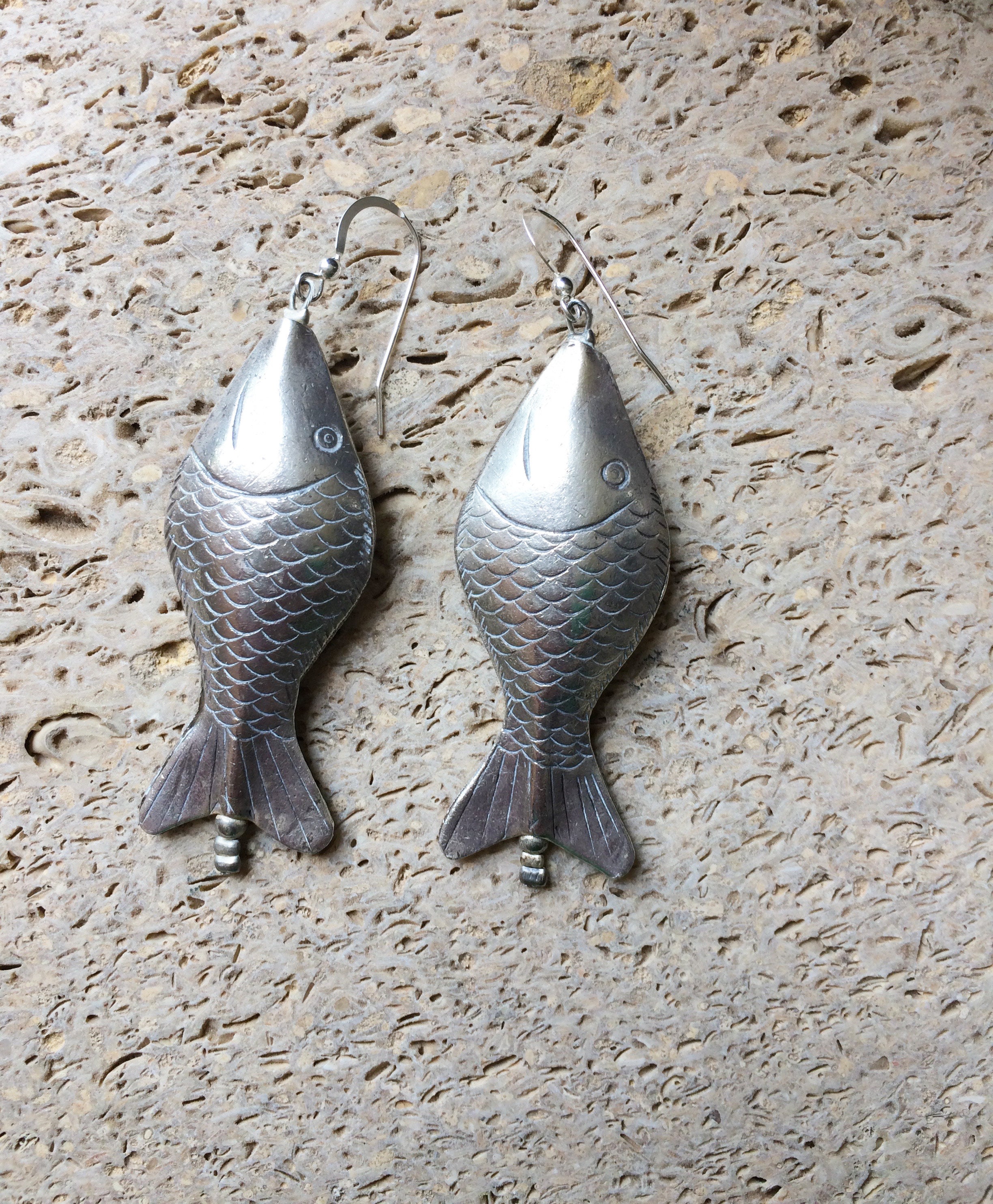 Handmade sterling silver fish earrings, Bohemian one of a kind dangle
