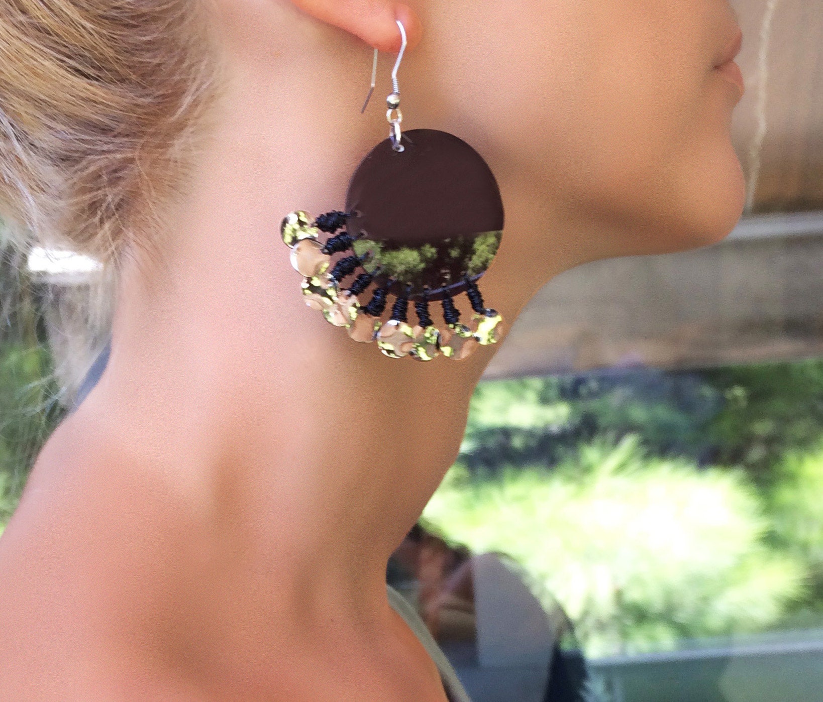 Statement unique earrings with sunglasses lenses, black wire and