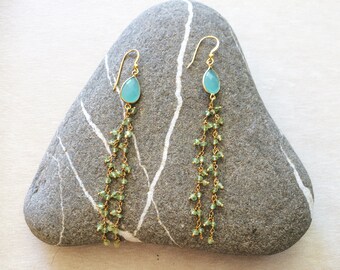 Long dangle earrings with aqua chalcedony stones/ Chalcedony shower