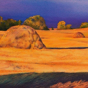 Hay piles in field, 5.75&quot; x 16.5&quot; (image size) giclée print. Landscape/Farm Art/Fine Art Print/Summer Art/Hay/Landscape Print/Nature Art