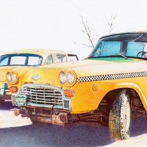 73 Checker A11 Yellow Taxi 8.25”x17” (image size) giclée print. Vintage Car Art/Taxi Cab Art/Automotive Print/Yellow/Classic Car Art/Checker