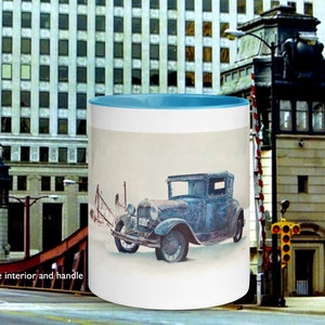 Ceramic mug with copy of an original drawing of a Model A w/ variable color handle & interior. Model A Mug/ Model A / Classic Car Mug