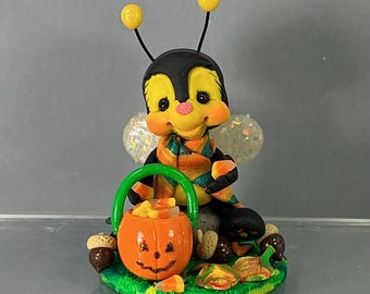 Bumble Bee w/ Candy Corn in Pumpkin Bucket - Handmade Polymer Clay Honey Bee - Hand-Sculpted Insect - Whimsical Autumn