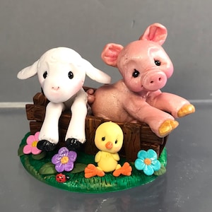 Pig & Lamb in Crate w/ Baby Chick-Polymer Clay Piglet w/ Sheep Figure-Whimsical Sculpted Barnyard Animal Figurine-Farm Animal-Clay Critters