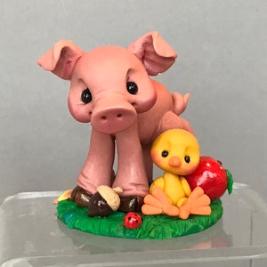 Pig w/ Baby Chick Scene - Whimsical Polymer Clay Farm Animal Collectible -Handmade Polymer Barnyard Figurine-Clay Piglet Critter
