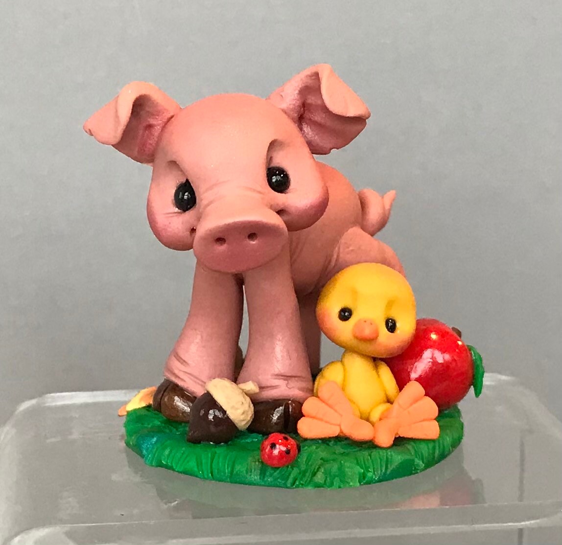 Pig w/ Baby Chick Scene - Whimsical Polymer Clay Farm Animal Collectible -Handmade Polymer Barnyard Figurine-Clay Piglet Critter