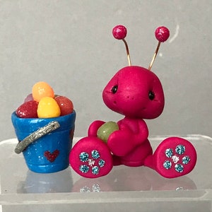Ant  w/ Pail of Gumdrops - Whimsical Polymer Clay Insect Figure - Handmade Sculpted Bug - Miniature Candy