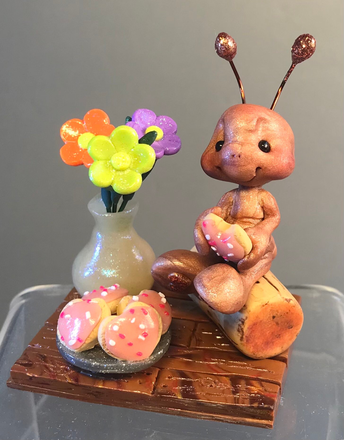 Clay Insect Creatures Ant W/ Cookies & Flowers - Handmade Whimsical Polymer Clay Insect ...