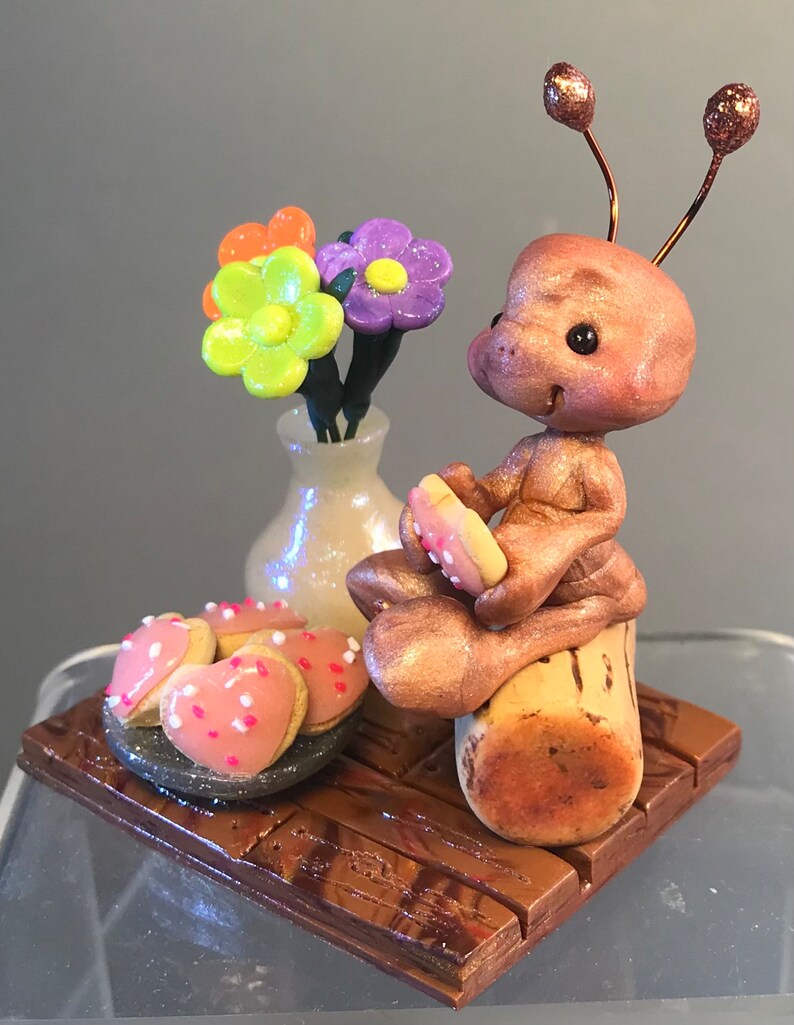 Clay Insect Creatures Ant W/ Cookies & Flowers - Handmade Whimsical Polymer Clay Insect ...