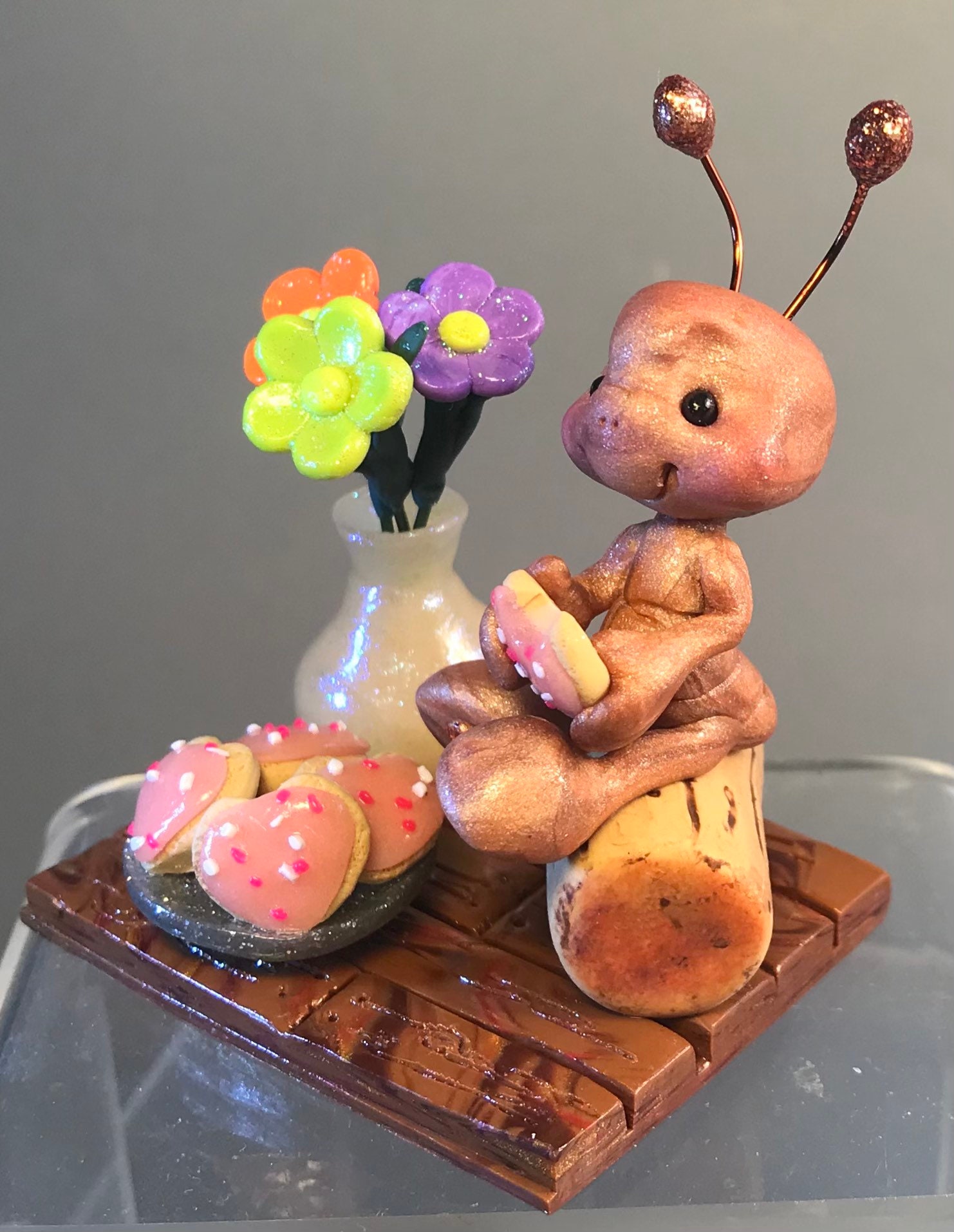 Miniature Clay Insects Ant W/ Cookies & Flowers - Handmade Whimsical Polymer Clay Insect ...