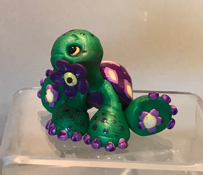 Turtle w/ Flower Polymer Clay Reptile Figure Sculpted Clay Etsy