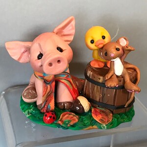 Pig w/ Mouse & Duck Scene - Whimsical Polymer Clay Farm Animal Collectible -Handmade Polymer Barnyard Figurine-Clay Piglet Critter