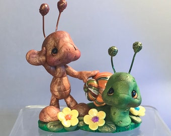 Ant & Snail - Miniature Sculpted Polymer Clay Bug Figurine-Sculpted Clay Garden Figure-Collectible Insect Keepsake-Whimsical Ant and Snail