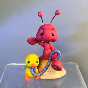 Ant on Walnut Shell w/ Pull-Toy Duck- Miniature Polymer Clay Insect Figurine-Sculpted Clay Bug Figure-Whimsical Collectible-Polymer Clay Ant
