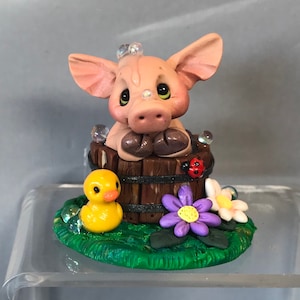 Pig in Bucket w/ Bubbles & Toy Duck-Whimsical Polymer Clay Farm Animal Collectible -Handmade Polymer Barnyard Figurine-Clay Piglet CRitter
