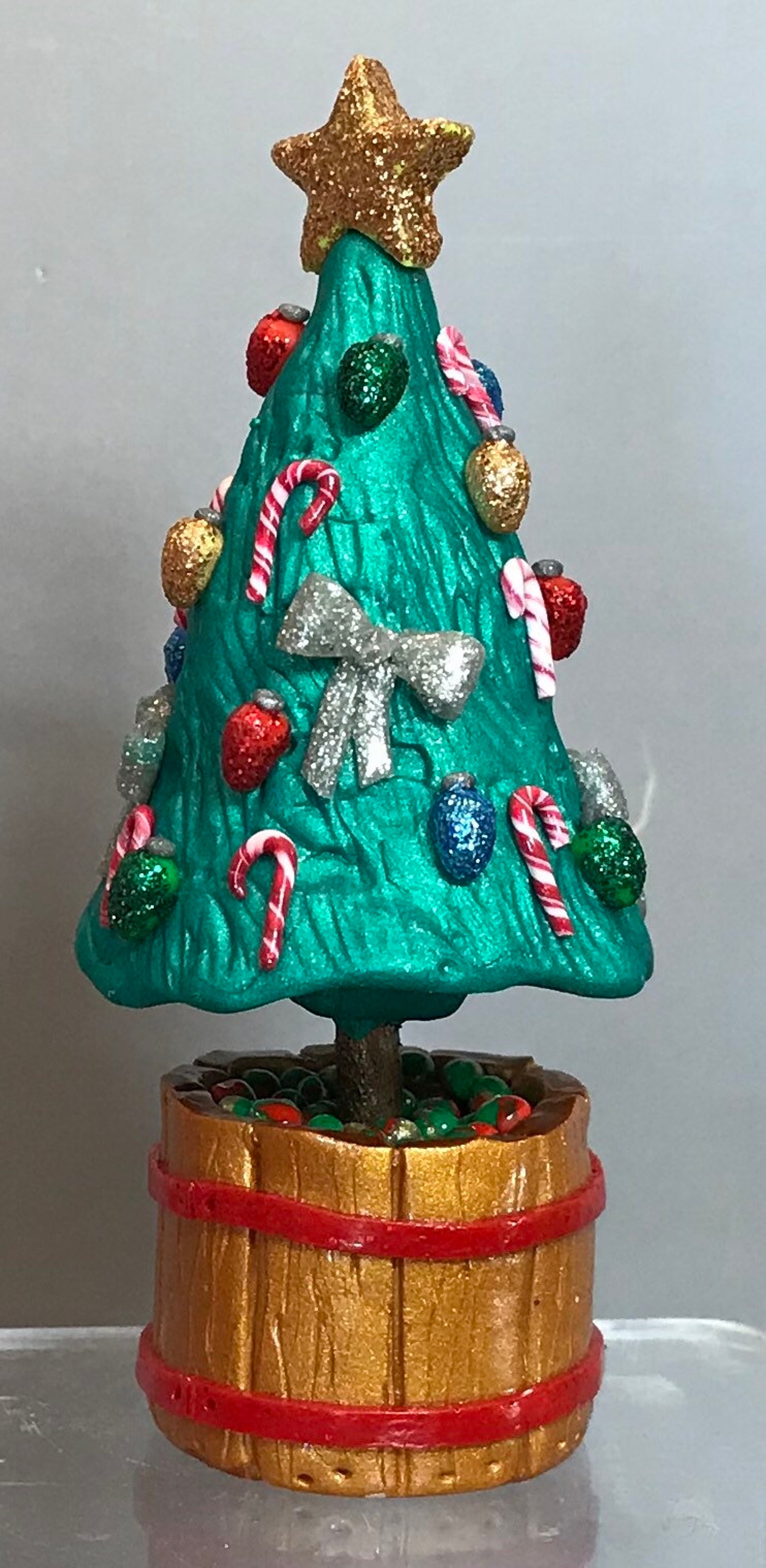 Christmas Tree w/ Lights Candy Canes & Bows in Wooden Bucket Etsy