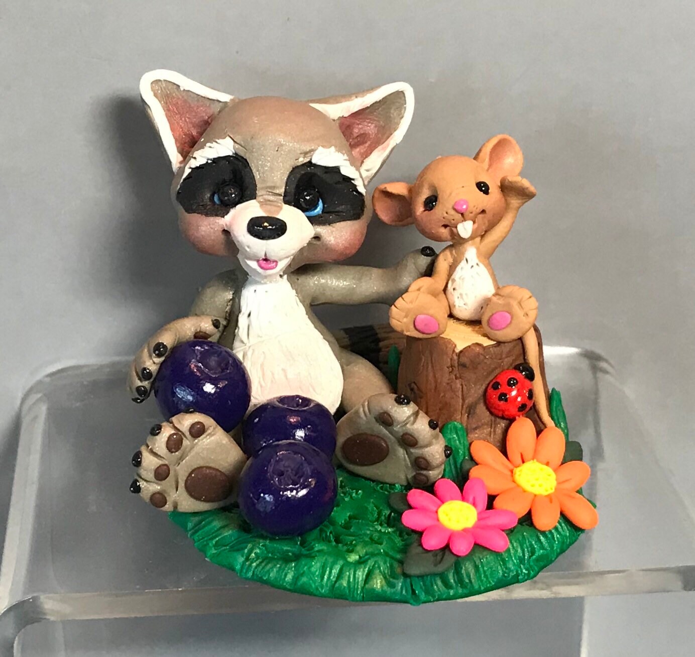 Raccoon & Tiny Mouse w/ BLueberries - Polymer Clay Forest Animal Figurine - Sculpted Woodland Critter- Polymer Clay Collectible Keepsake