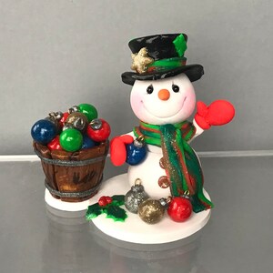 Snowman w/ Wooden Bucket of Christmas Ornaments Scene-Polymer Clay Collectibles-Sculpted Clay Snow Figure- Winter Snow Christmas Decoration