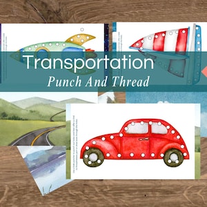 May include: A collection of Montessori learning cards featuring transportation themes. The cards include images of a rocket, airplane, car, and a road scene. The text "Transportation Punch And Thread" is displayed on the cards.