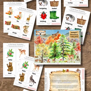 In The Forest 3-Part Montessori Nomenclature Cards 17-page Watercolor Printable Autumn Nature Kids Activity Personal Use Only