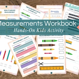 May include: A collection of printable worksheets for a hands-on kids activity. The worksheets cover measurement concepts, including non-standard measurement, using paper clips, rulers, and centimeters. The title "Measurements Workbook Hands-On Kids Activity" is displayed.