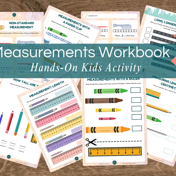 Measurements Math Preschool Printable Kids Activity 8-Page Hands-On Work Book, Measuring Length, Tall Versus Short Learning Interactive PDF