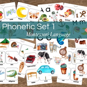 Montessori Language Phonetic Set 1  Watercolor Cards Sound Games I SPY Early Literacy Phonics Beginning Letter Sounds Picture Sorting Cards