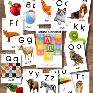 Tarjetas del alfabeto ABC en imágenes para niños pequeños, preescolares y de jardín de infantes vocabulario habilidades lingüísticas conciencia fonémica formación de letras