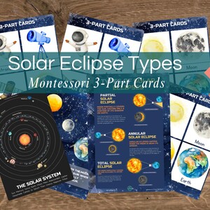 Montessori Sonnenfinsternis Druckbare Kinderaktivität, 7-seitige wissenschaftliche Aktivität, Sonnenfinsternis-Typen 3-teilige Karten, Sonnensystem, Lernen