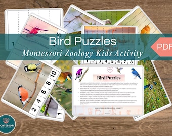 Montessori Math Strip and Half Puzzles Printable Kids Activity, 17-Pages, Birds Real Photography Images